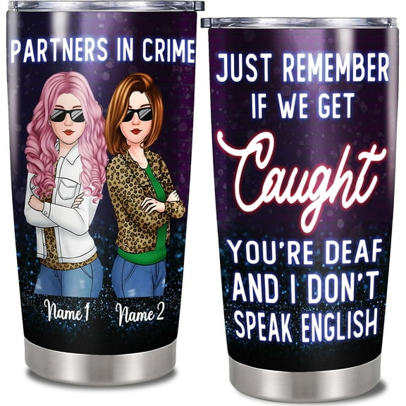 Partners in Crime Tumbler Personalized Bestie Cup with Lid Custom Name Best Friend Stainless Steel Thermal Double Vacuum 20oz Gift for Bff Besties Sister Friends Birthday