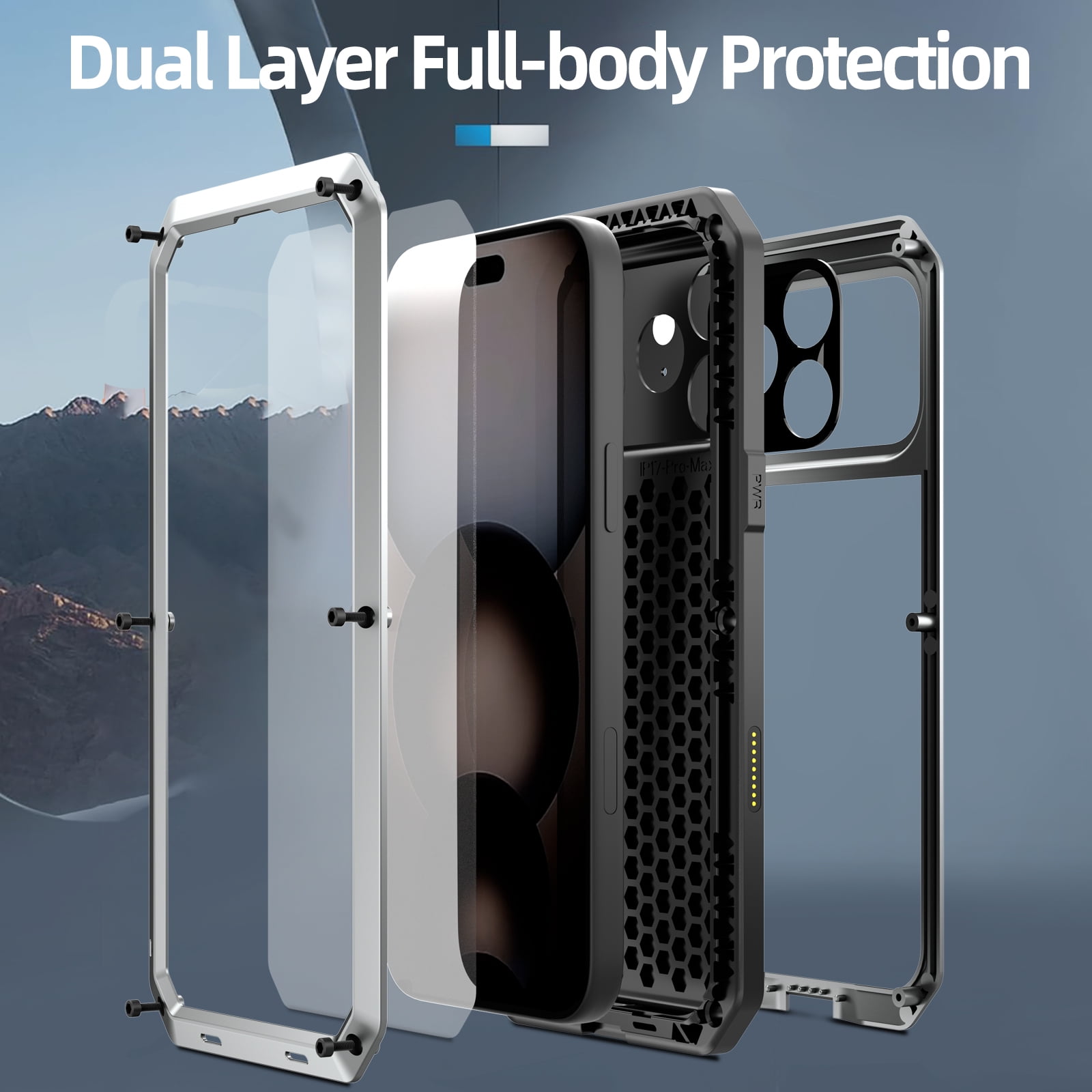 Dteck for iPhone 17 Pro Max (2025) Case, Heavy Duty Metal Full Body Protective Cover Shockproof Aluminum Alloy Cover with Silicone Built-in Screen Protector, Silver
