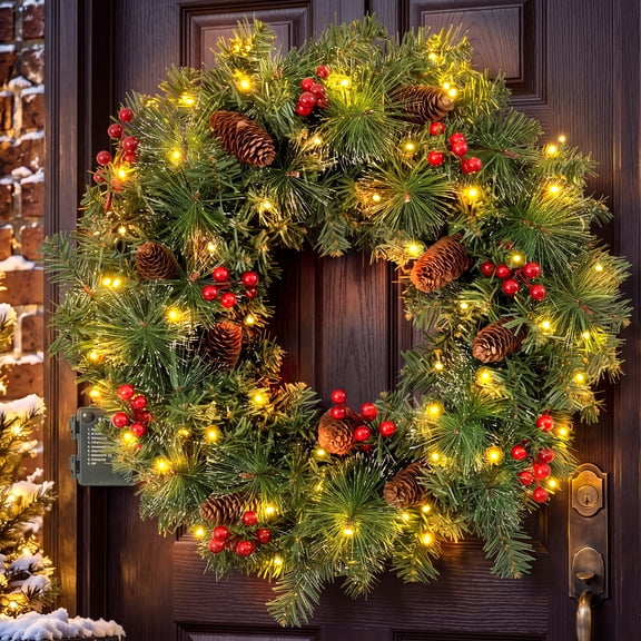 Goosiay 24" Pre-Lit Christmas Wreaths for Front Door, Christmas Needles, Red Berries, Pine Cones, Outdoor Lighted Christmas Wreath for Window Fireplace Indoor Outdoor Decor, Green