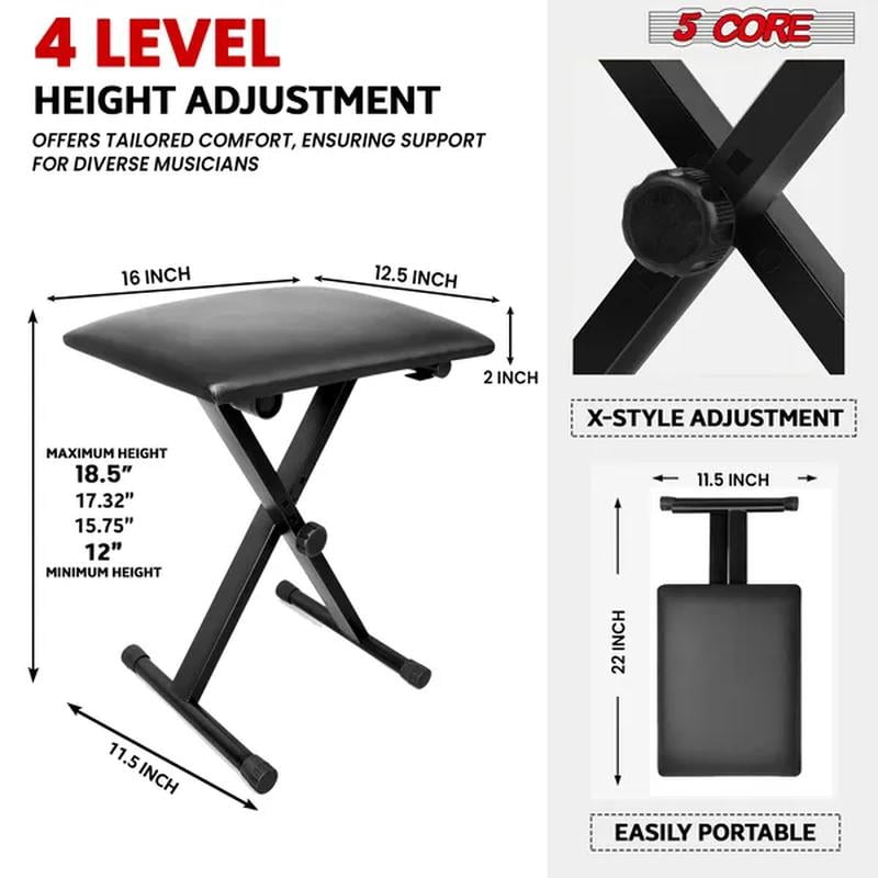 Core Keyboard Bench Padded Cushioned Piano Stool Height Adjustable Guitar Seat Portable