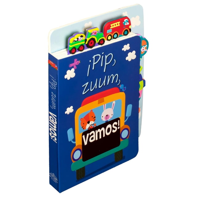 pip, zumm, vamos silver dolphin 9786075328942 libro en tapa dura, vista frontal inclinada que muestra portada azul con un autobús naranja y el texto “¡vamos!”, separadores de goma con figuras de vehículos (tractor y camión) sobresaliendo del lomo y páginas blancas, pensado para leer con mamá o papá.