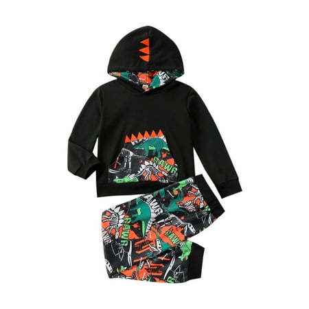 

REORIAFEE Toddler Baby Boy Summer Outfits Western Boho Baby Boy Clothes Set Beach Outfits Toddler Boys Autumn Winter Dinosaur Print Long Sleeve Hoodies Tops Trousers 2PCS Set Suit Black 5-6 Years