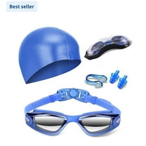 Swim Goggles Swimming Goggles No Leaking with Nose Clip, Earplugs, Swim Cap and Case for Men Women（Lake Blue）