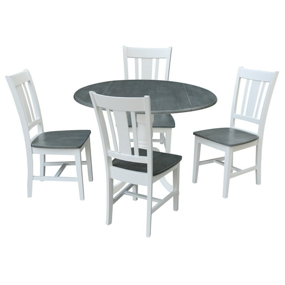 42" Solid Wood Dual Drop Leaf Pedestal Dining Table with 4 Splat Back Chairs in White/Heather Gray by International Concepts