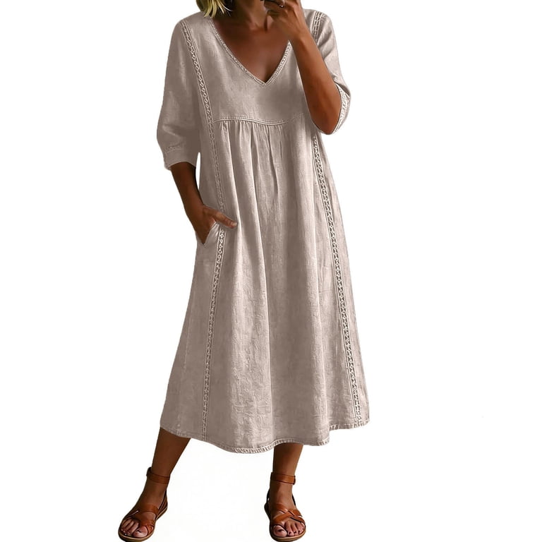 beige color dress plus size Guieoi Womens Dresses V-Neck 3/4-Sleeve Button-Up Solid-Color Casual Long with Pockets Green M elegant plus size dresses for wedding
