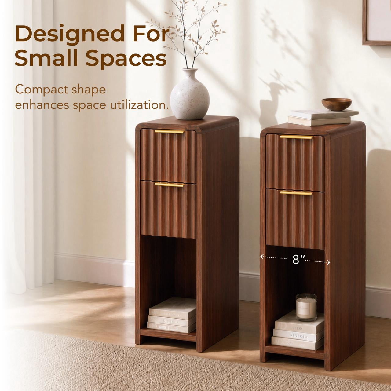 Spruce & Spring Fluted Slim Side Tables Set of 2 with 2 Drawers & Open Shelf for Living Room, End Table for Small Spaces, Walnut