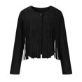 thumbnail image 5 of BUIgtTklOP Women's Temperament Leather Velvet Tassel Trim Button Placket Jacket Solid Color Long Sleeved Tassel Jacket Cardigan, 5 of 6