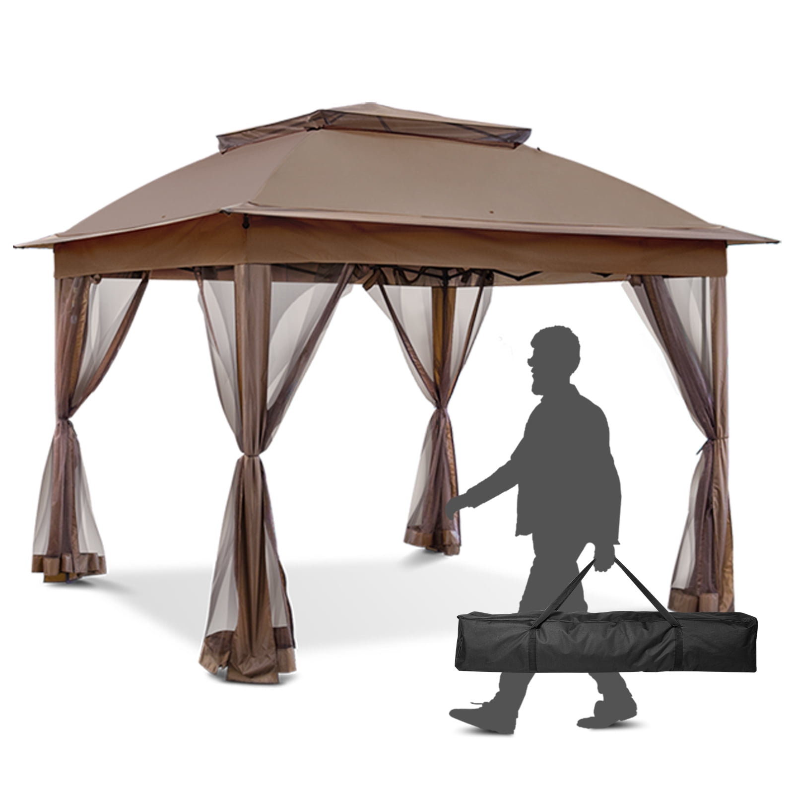 INTER HUT 11x11 Outdoor Pop up Gazebo Tent with Mesh Walls for Patio, Lawn, Backyard and Deck, Brown