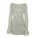 thumbnail image 1 of Women Sexy See Through Mesh Feather Trim Flare Long Sleeve Mini Dress Glitter Shimmer Fishnet Bodycon Beach Cover Up White, 1 of 4