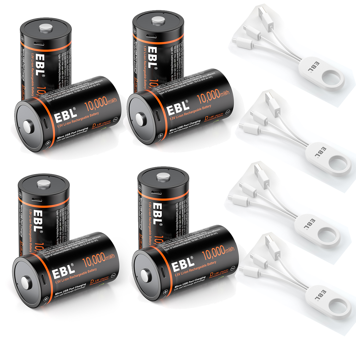 EBL 8 Pack USB Rechargeable D Cell Liion Batteries 10000mWh 1.5V Long Lasting D Size Battery
