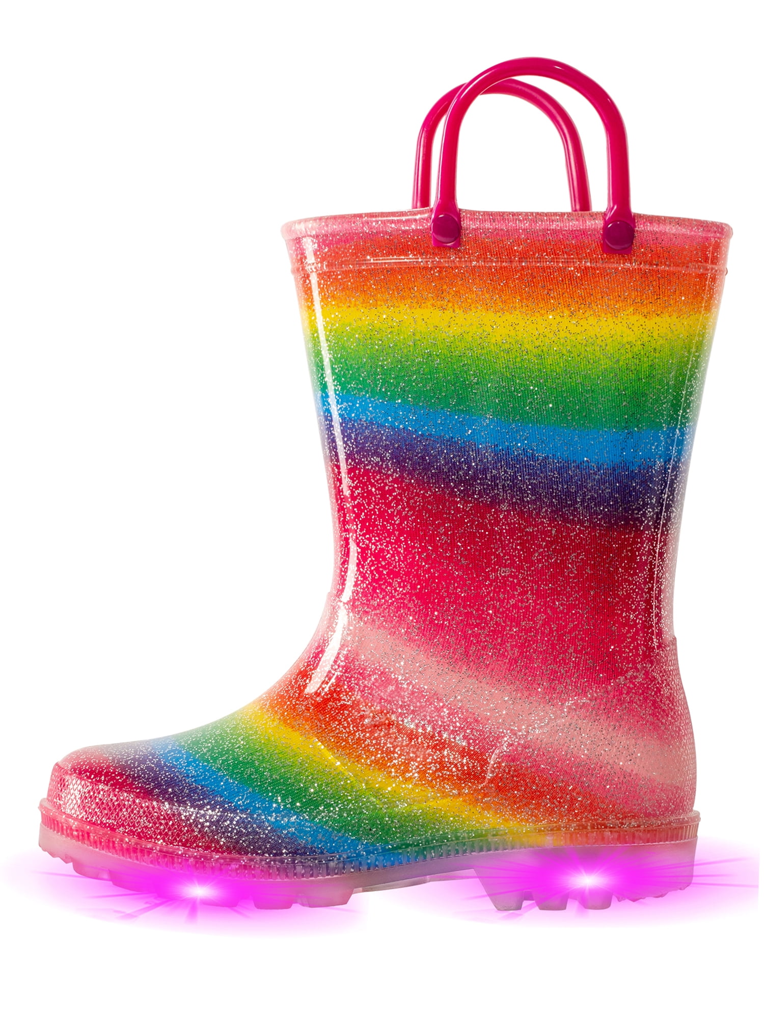 EUXTERPA Toddler-Kids Waterproof Light Up Rain Boots Patterns and Glitter Boots with Handles for Boys and Girls 