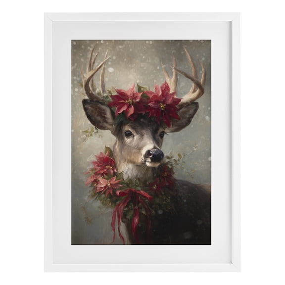 Stupell Industries Traditional Poinsettia Christmas Deer White Framed Print Under Glass, 14 x 20, by Tina LeCour