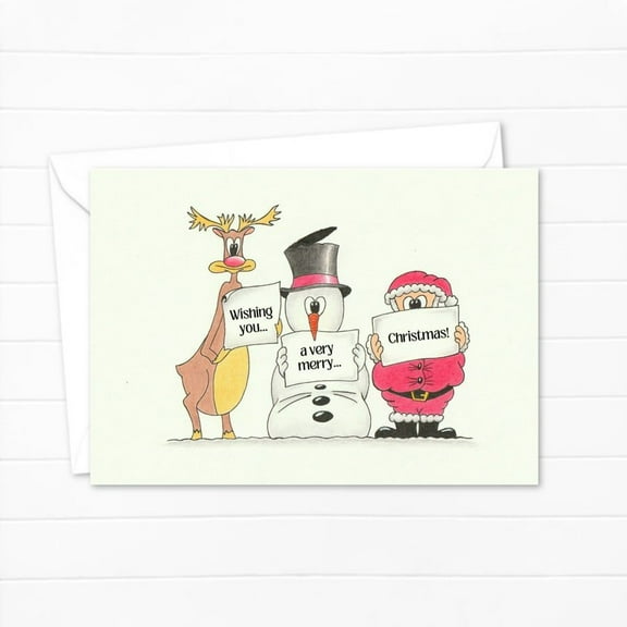 Cute Christmas Card with Santa, Snowman, and Reindeer – Wishing You a Very Merry Christmas – Blank Inside with Envelope Included – Perfect Holiday Greeting Card
