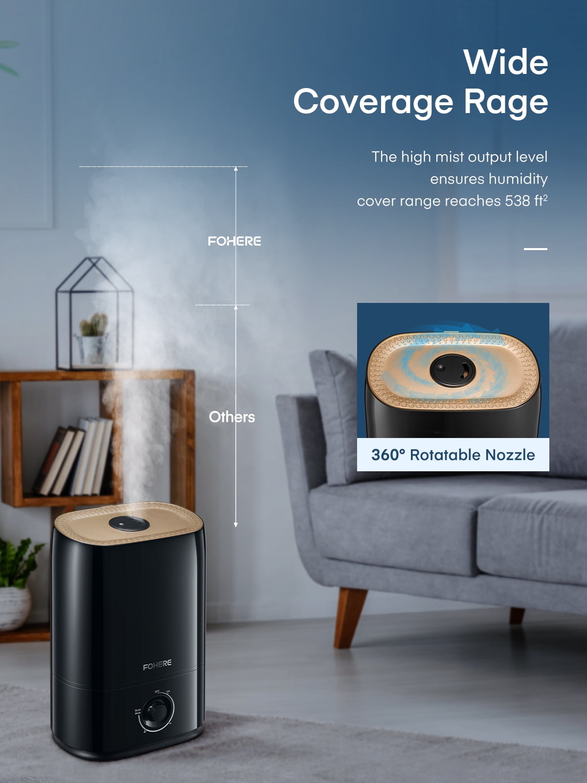 Fohere Cool Mist Humidifier for Room, Smart Top Fill with Nightlight, 5L,Black