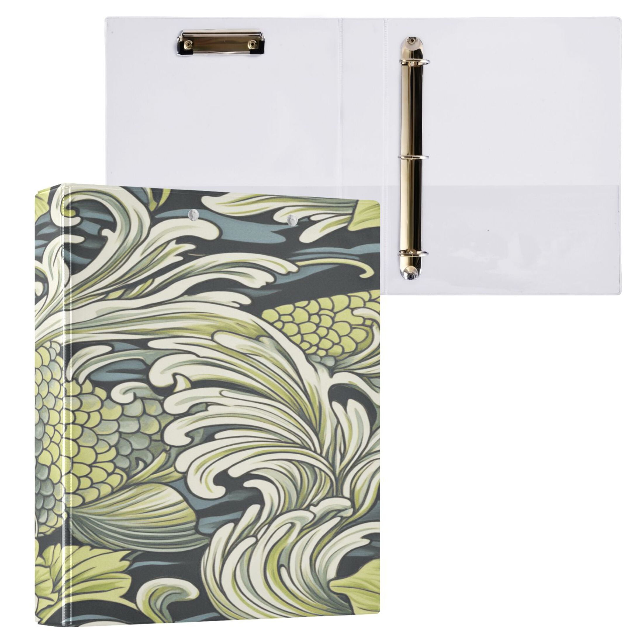 Floral Wave Design 12.4x10.6in PVC Round Ring Binder, D-Ring 3-Hole, Metal Clip, 200 Sheets