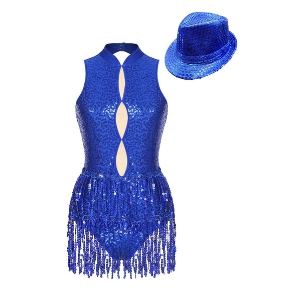 TiaoBug Womens Sparkle Sequin Sleeveless Leotard with Hat Modern Tap Fringed Skirt Dancewear Dance Outfit Costume Royal Blue M