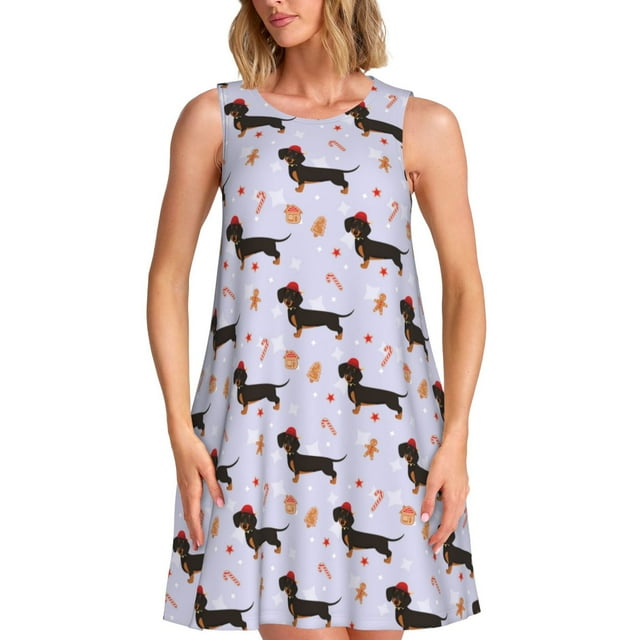 Balery Dachshund Dog Puppy Vestidos de verano para mujer con estampado: vestido holgado sin mangas, vestido playero informal y cómodo para días calurosos.