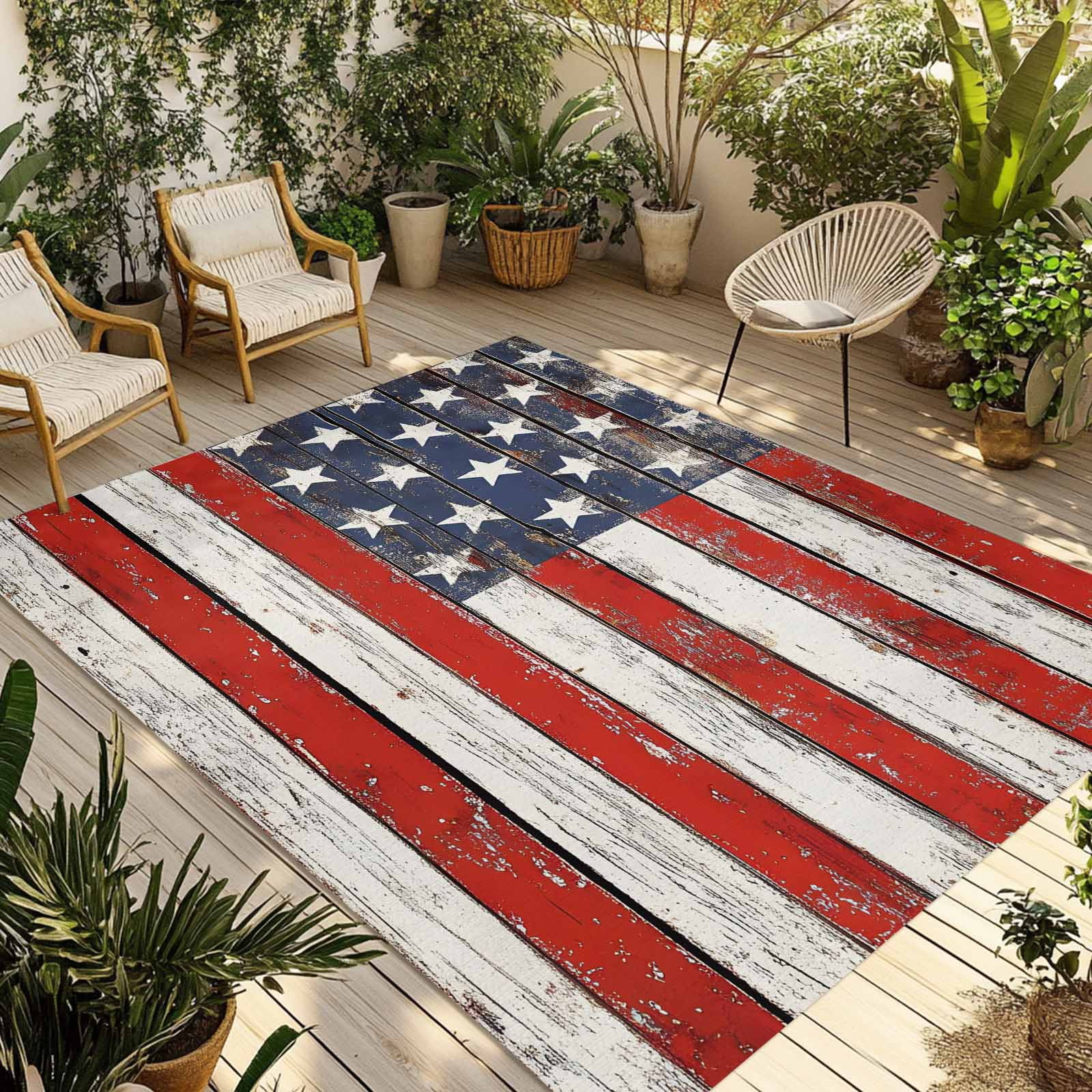 Outdoor Rug 5x7 ft 4th of July Waterproof Outdoor Patio Rug Mat Non Slip Outside Area Rugs Carpet for RV,Camping,Porch,Deck,Pool,Balconybackyard,Patriotic Wood American Flag Red White and Blue