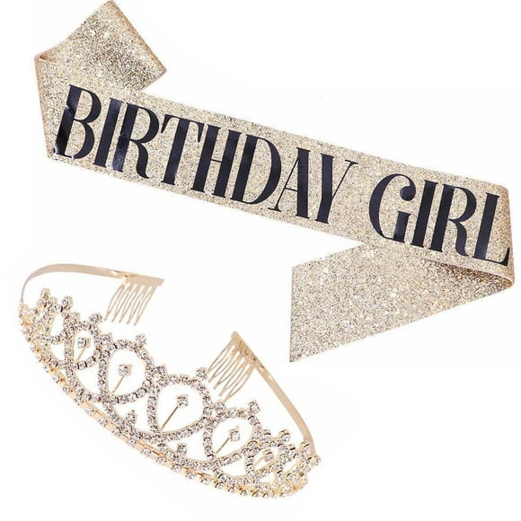 Bewildely Brillante Rhinestone Headwear Cinta Hombro Correa Conjunto Banquete Adultos Faja decorativa Diadema Decoración Cumpleaños Kits de decoración para fiestas Oro