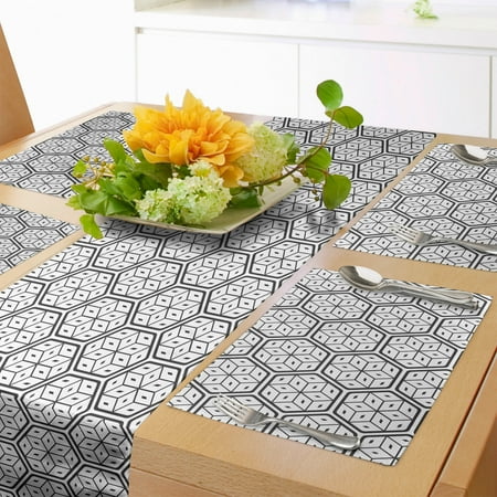 

Geometric Table Runner & Placemats Modern Geometrical Hexagonal Image Stripes and Leaves Like Details Print Set for Dining Table Placemat 4 pcs + Runner 14 x72 Charcoal Grey White by Ambesonne
