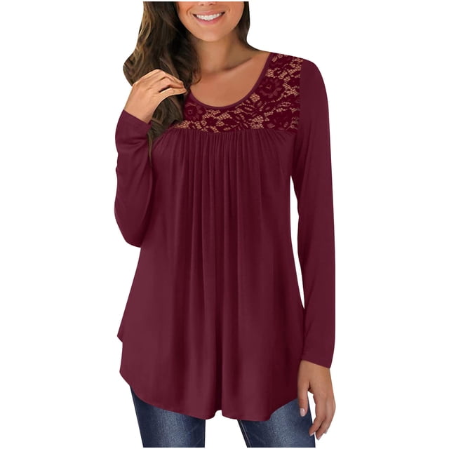 Tops de Mujer Camisas de Manga Larga Otoño Casual Túnica Sólida Suelta Panel de Encaje Blusas en T Plisadas Odeerbi ODB150367