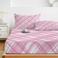 thumbnail image 6 of Full Size Fitted Sheet Set - Pink Plaid 3 Piece Bedding Sets 16" Deep Pocket Fitted Sheet with 2 Pillowcases, White Stripes Modern Grids Geometric Brushed Microfiber Hotel Luxury Bed Sheets, 6 of 9