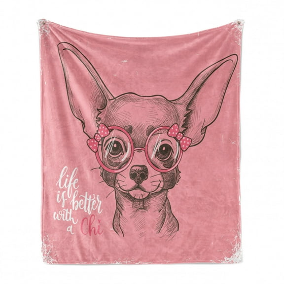 Dog Soft Flannel Fleece Throw Blanket, Girl Chihuahua Sketch Illustration Words Fashion Glasses Ribbons Puppy, Cozy Plush for Indoor and Outdoor Use, 70" x 90", Pale Pink Army Green, by Ambesonne