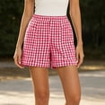thumbnail image 2 of Garbnen Plaid Shorts for Women Elastic Waist Wide Leg Shorts Women Casual Summer Beach Travel Color Block Baggy Lightweight Going Out Women Short with Pockets Red S, 2 of 6