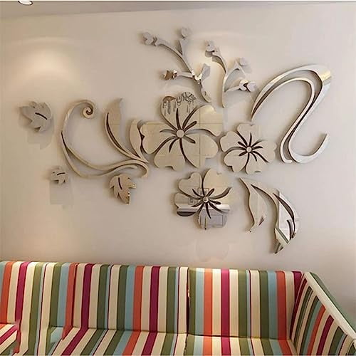 3D Acrylic Mirror Floral Wall Sticker, Family Wall Decals, Adhesive Removable Silver Mirrors Decal, 3D Sakura Mirrors Wall Sticker, Flower Art Wall Decor Decal for Living Room Offi