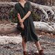 thumbnail image 2 of Vestido de lino de algodón con cuello redondo y botones de manga corta informal liso para mujer Pompotops ghjkhdj15670, 2 of 5