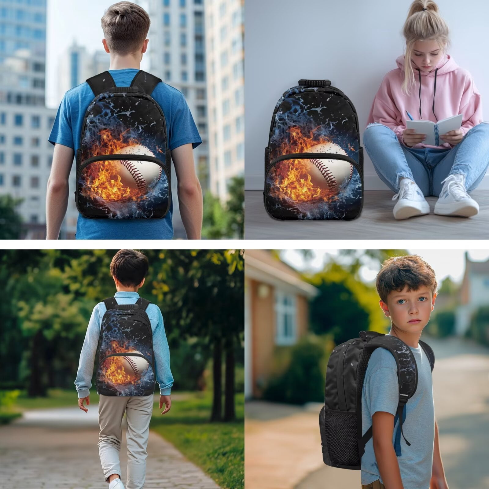 Pzuqiu Fire Baseball Backpack for Girls 8-12 Boys Backpacks with Lunch Box Kids Bookpack Double Shoulder Bag, 4 Piece Backpack Pencil Case 17 Inch Rucksack Travel Bag for Teens