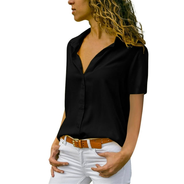 EQWLJWE Chemises à Manches Courtes pour Femmes Mode Décontractée Coupe Ample Boutonnée Légère Col en V Blouse Col Rabattu Liquidation
