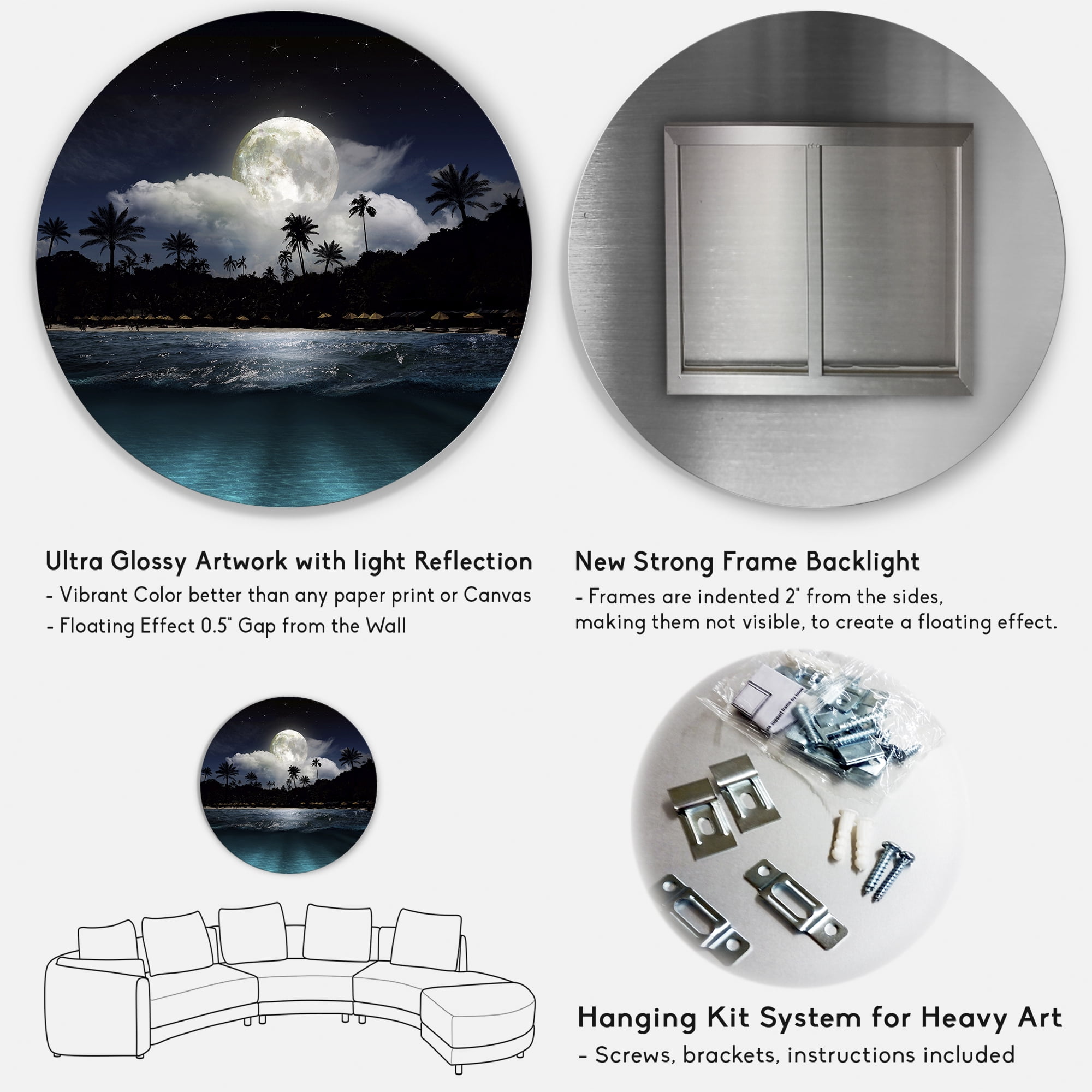 Designart 'Green Beach Under Tropical Full Moon' Modern Circle Metal Wall Art 11x11 - Disc of 11