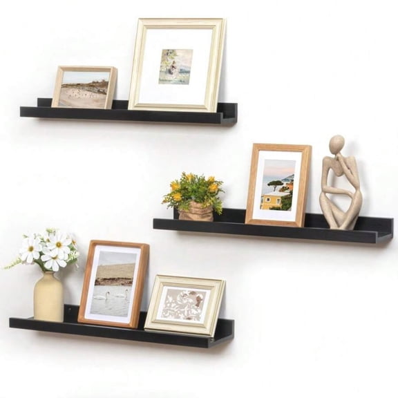 3-Pack 24-Inch Rustic Solid Pine Wood Floating Picture Ledge Shelves - Wall Decor Display Racks for Kids' Room Bedroom Kitchen Bathroom Living Room Nursery