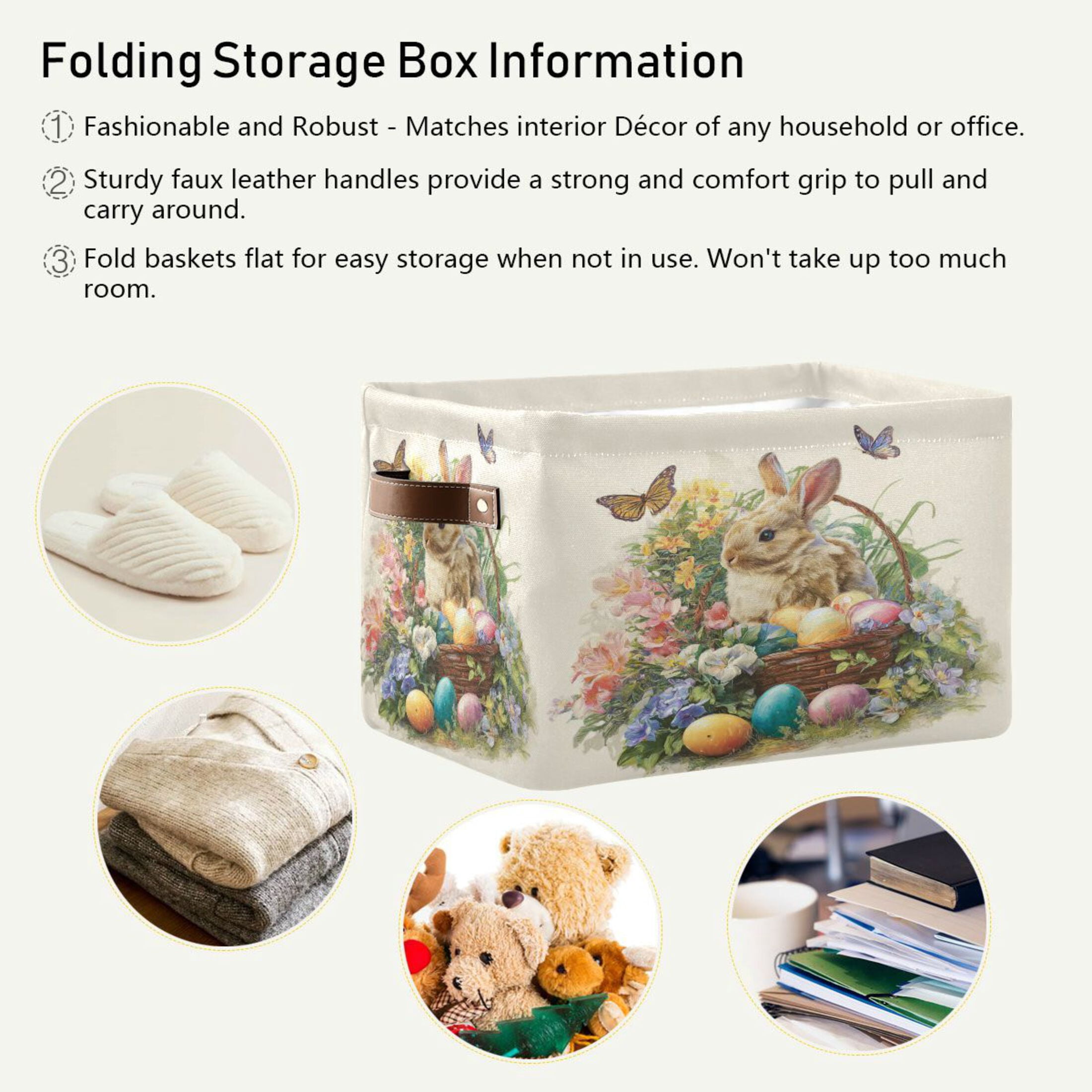 Wobogo Easter Egg Basket Bunny Square Storage Basket Set of 2 with Waterproof Canvas and PE Lining Durable PU Leather Handles 14.2×10.2×8.3in