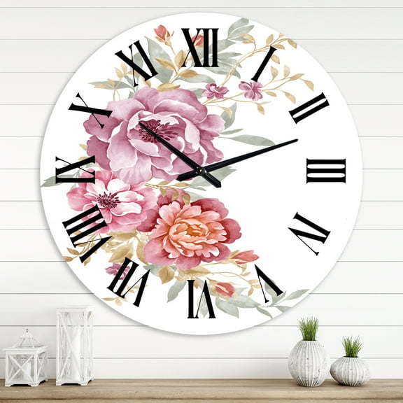Designart 'Bouquet Of Pink And Purple Flowers Iii' Farmhouse Wall Clock