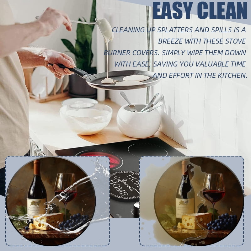 Set of 4 Round Electric Range Burner Covers, Wine and Grapes Fruit Cheese Gas Stove Burner Covers for Kitchen Decoration , Two Small 8 Inches and Two Large 10 Inches