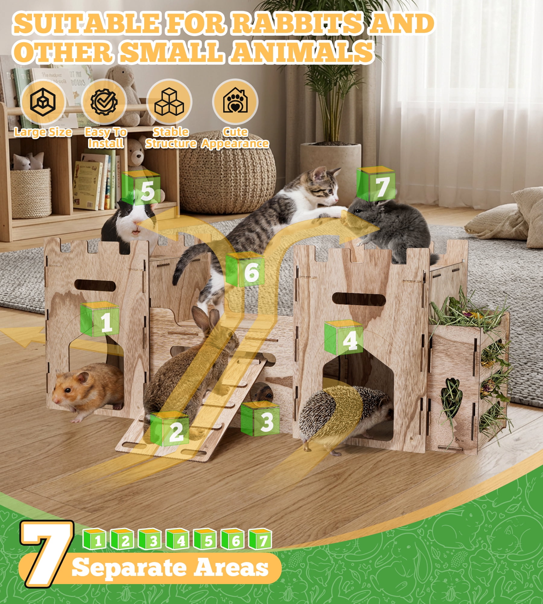HIIMALEX Extra Large Bunny Castle with Hay Feeder Anti-slip Ramp Multistory Hideout House for Rabbit Guinea Pig Chinchilla Ferret (T1T)