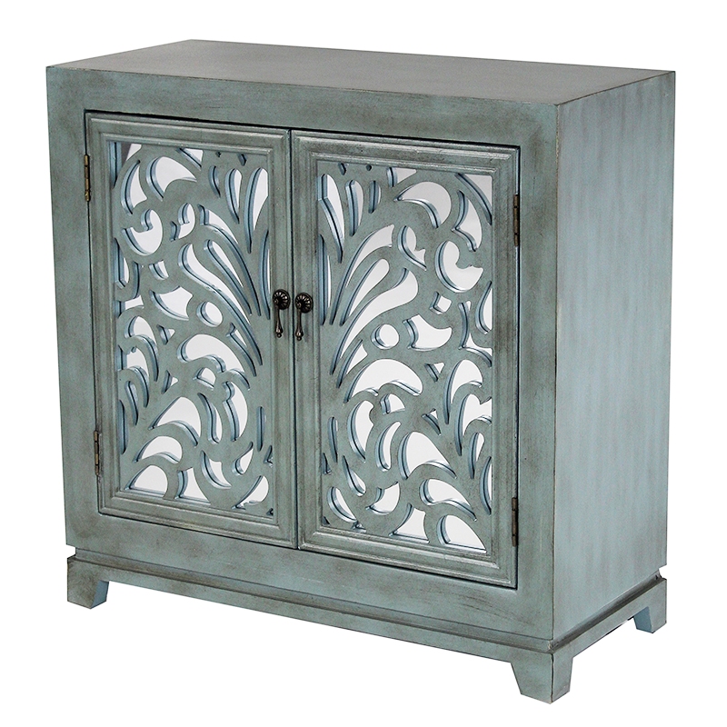 32' French Blue Mirrored Glass Sideboard with 2 Doors