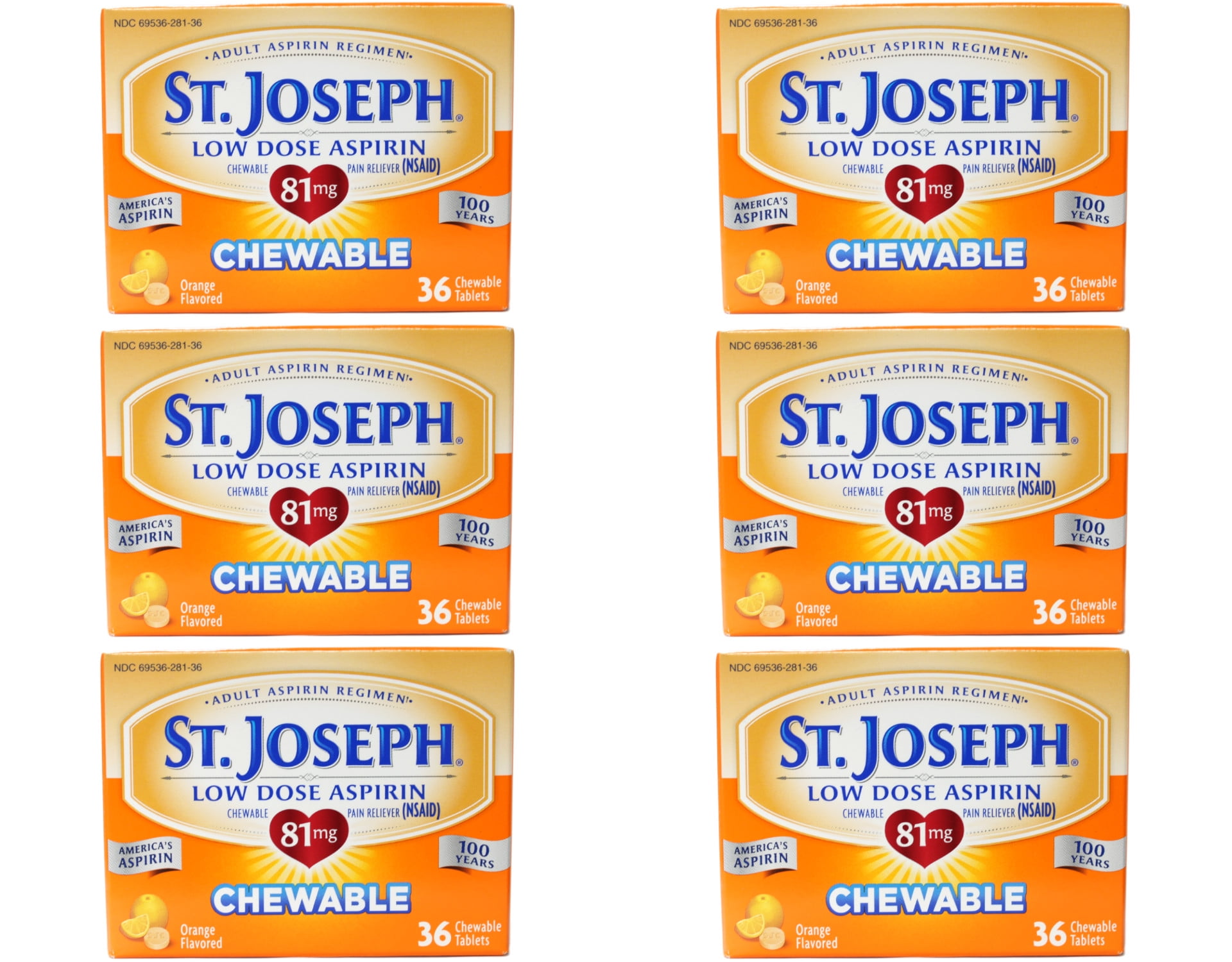 6 Pack St. Joseph Low Dose Aspirin Adult Aspirin Regimen 36 Chewable Tabs Each