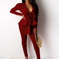 thumbnail image 4 of Lindreshi 2 Piece Fall Sets for Women Women Fashion Solid V-Neck Ruffles Patchwork Bow Long Sleeve Pants Suit, 4 of 8
