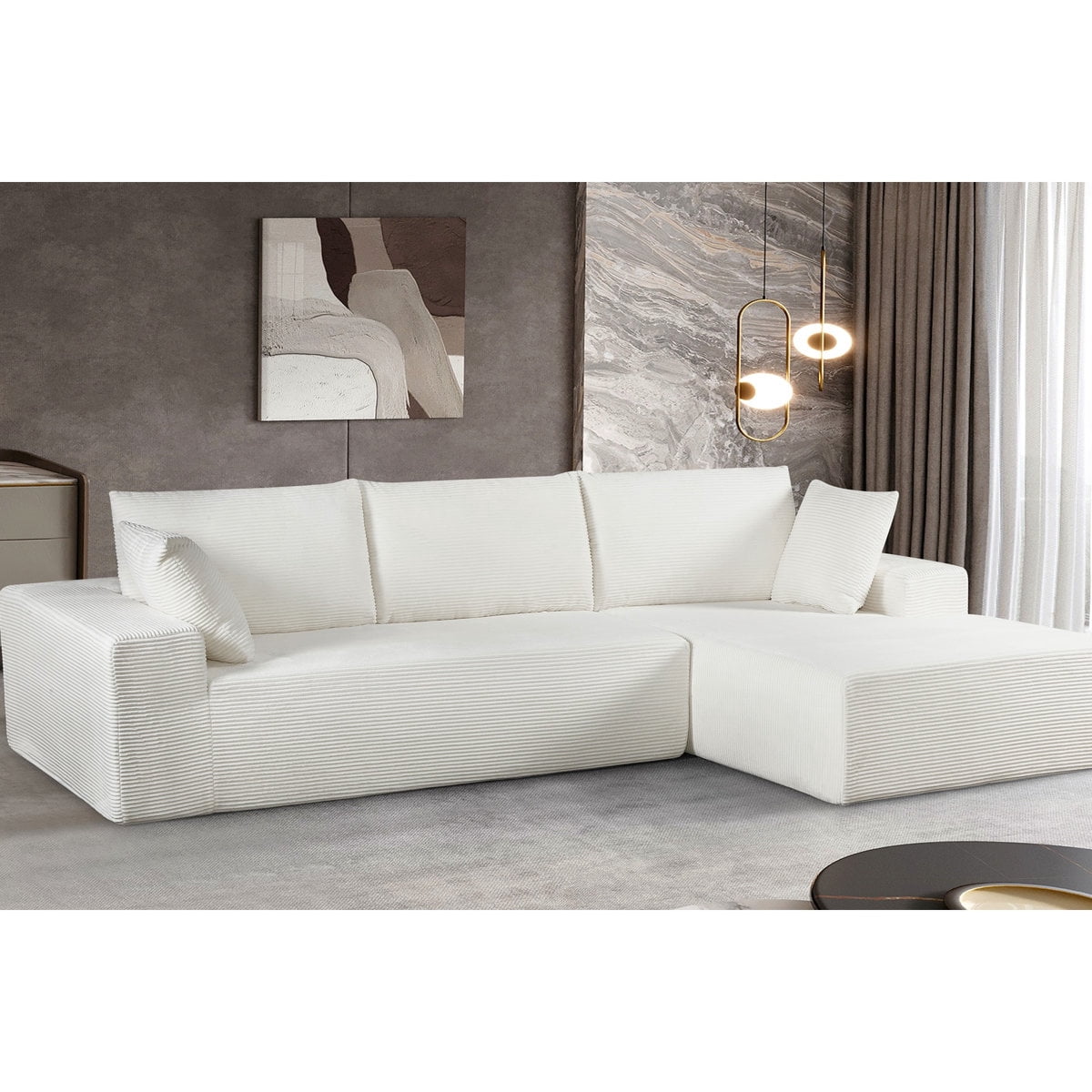 US Pride Compression sectional sofa in soft corduroy right hand facing