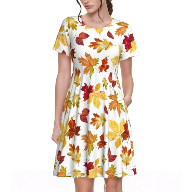 Fotbe Autumn Leaves 1 Vestido Largo de Moda para Mujer, Vestido Tipo Camiseta con Manga Corta y Estilo Casual a Rayas y Bloques de Color