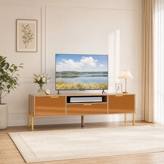 Mirrored TV Stand for TV up to 65" with 2 Storage Cabinets & Drawer, Media Console Table Entertainment Centre,Natural