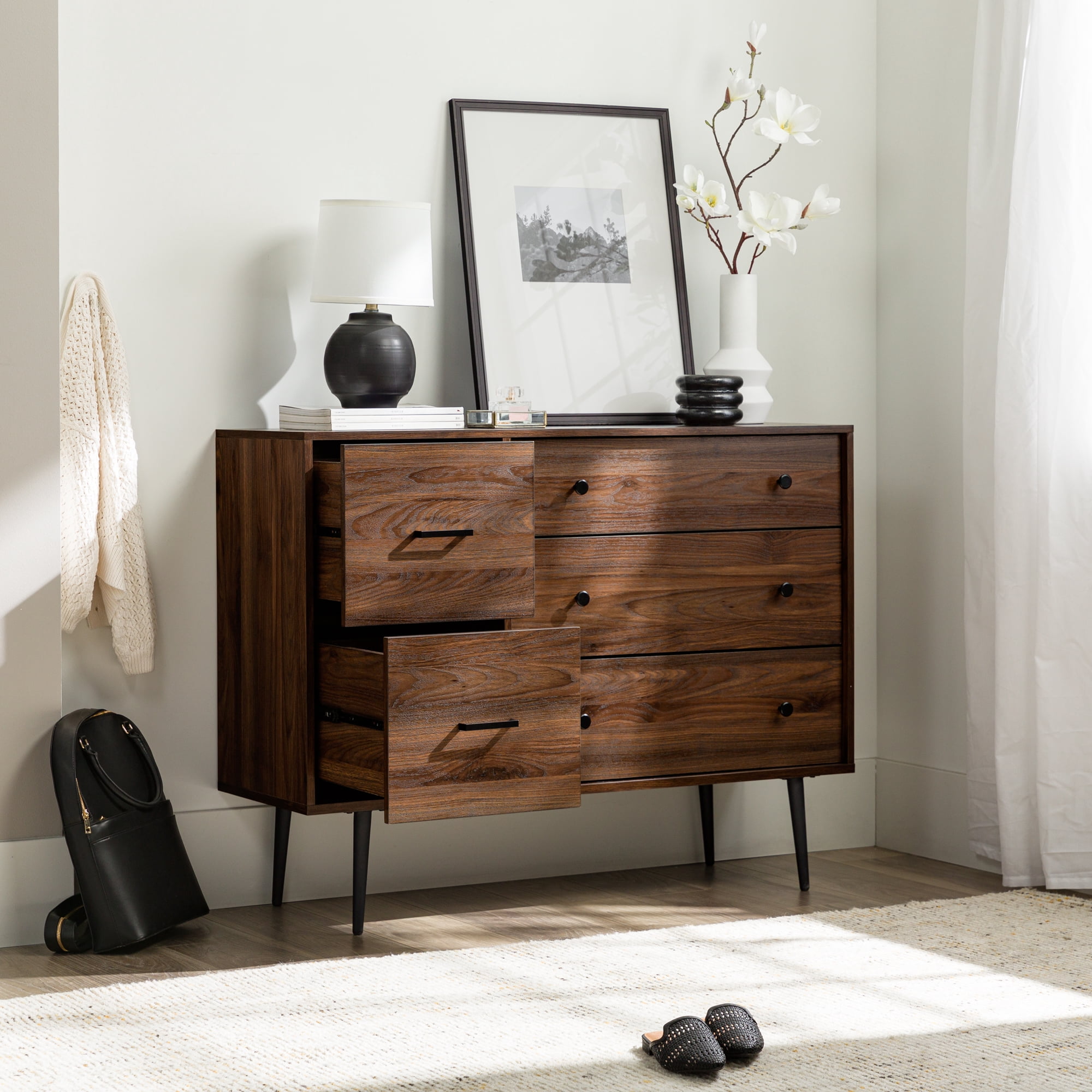 Walker Edison Modern Asymmetric 5 Drawer Wood Dresser, Dark Walnut