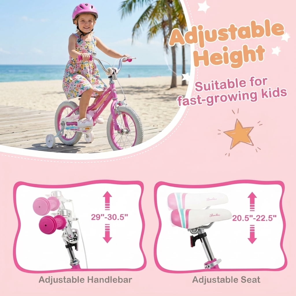 Redsmile Kids Bike 14 Inch for Boys Girls Ages 3-5 Years Old, Kids Bicycle with Adjustable Handlebar and Seat, Training-Ready Beginner Bike, 110 lb Capacity, Starlight Wave, Pink