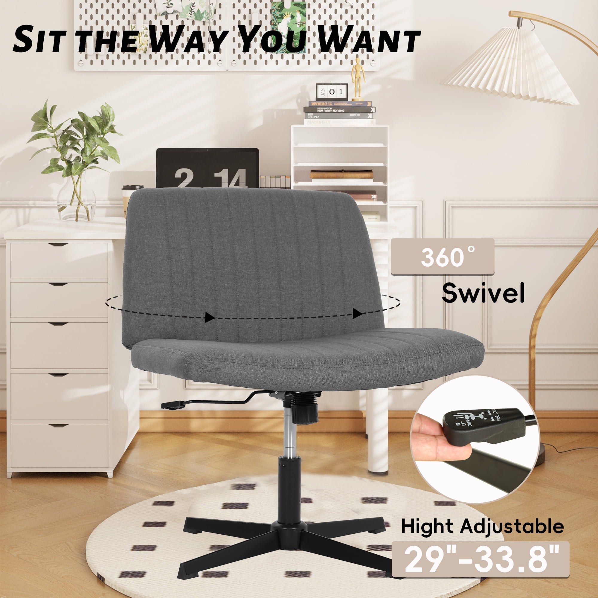 CL.HPAHKL Criss Cross Chair, Height Adjustable Comfy Computer Task Seating Modern Makeup Vanity Chair with Back No Wheels Armless Fabric Wide Desk Chair for Bedroom, Home Office (1, Grey)