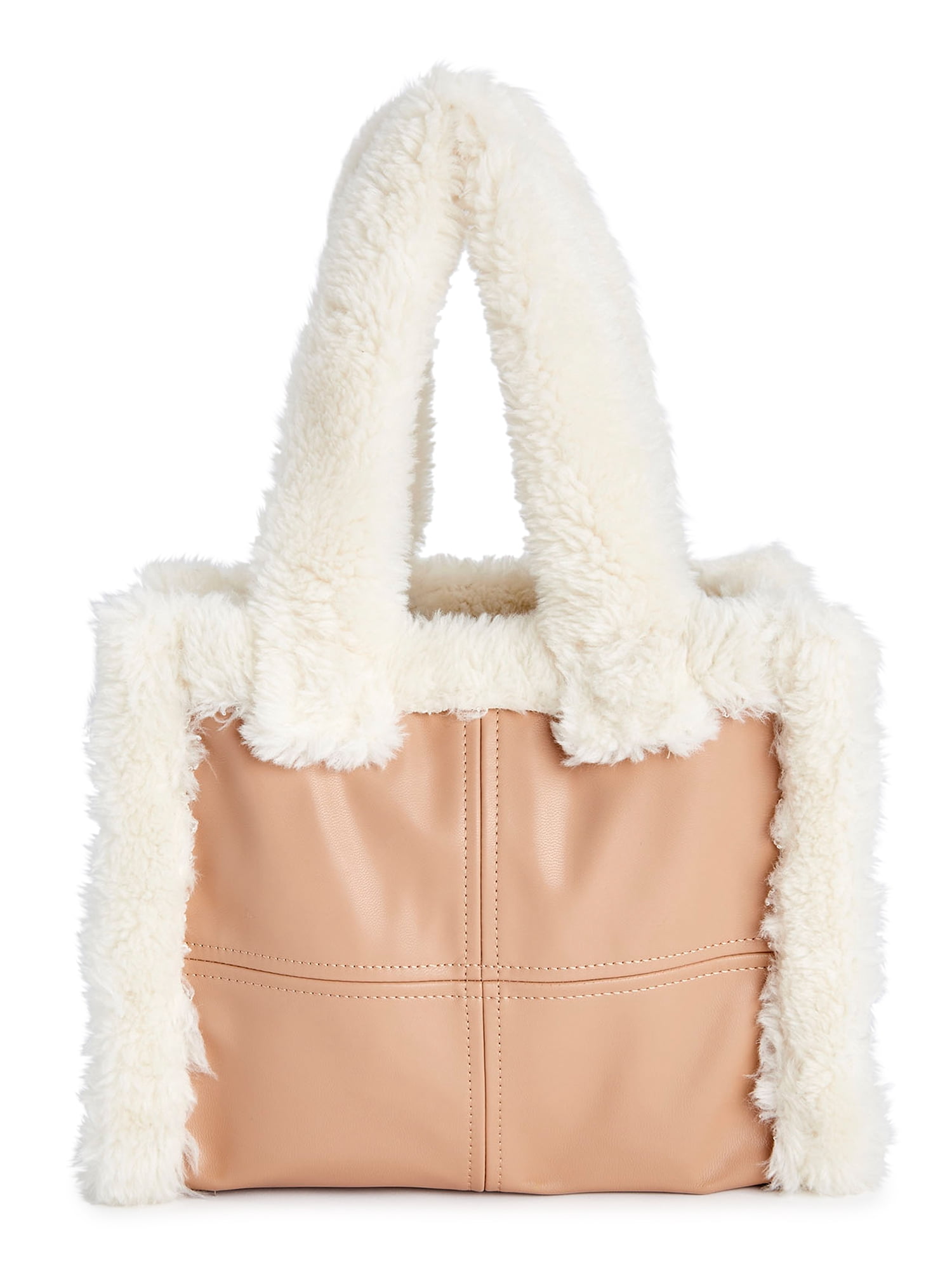 No Boundaries Women's Square Sherpa Tote Bag Tan Off-White- Small