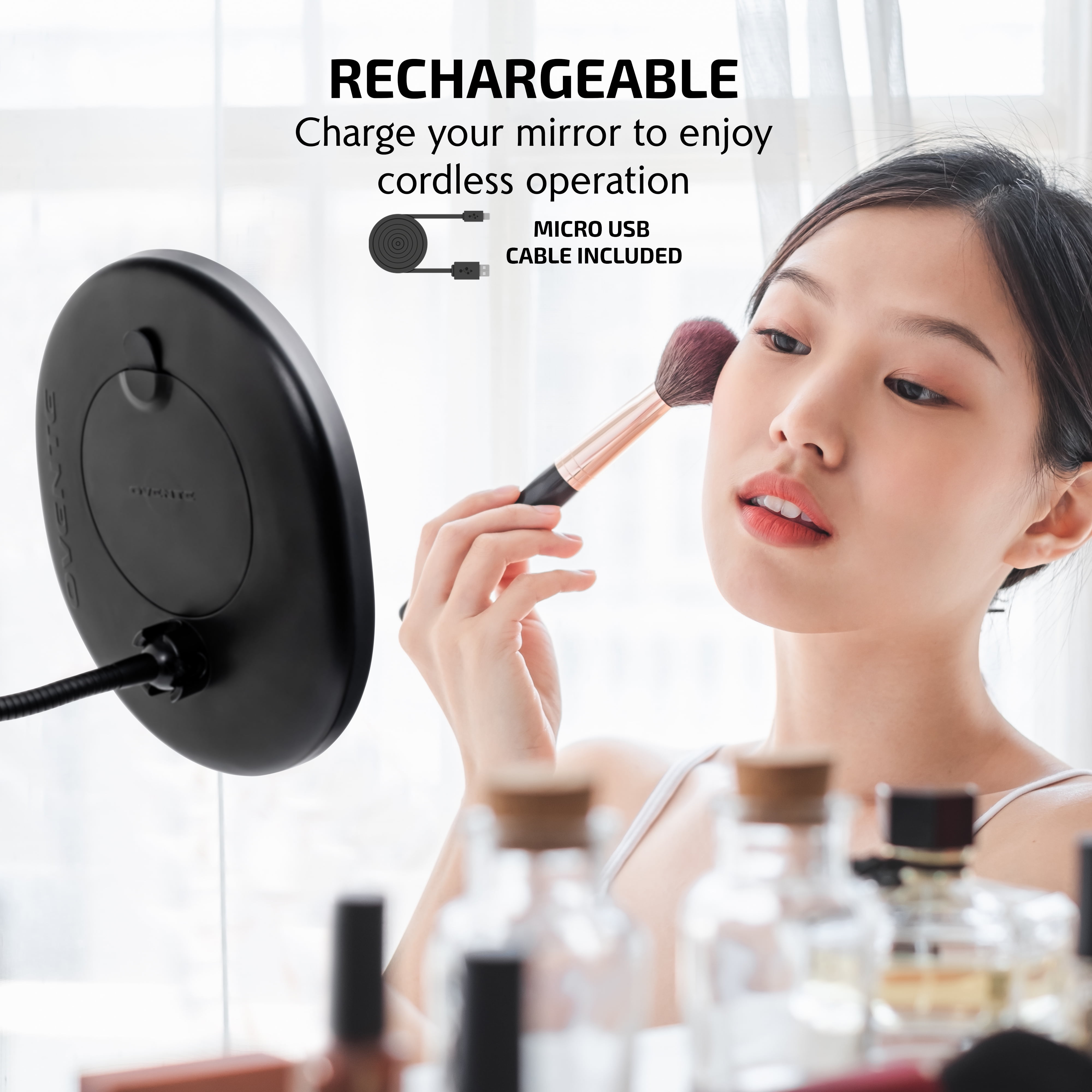 Ovente 8.5'' Lighted Makeup Mirror, Rechargeable Swivel Gooseneck with Attachable Suction Cup Mount, 10X Magnetic Mini Magnifier, Dimmable LED, for Bathroom, Home & Travel, USB Powered, Black MOW22B