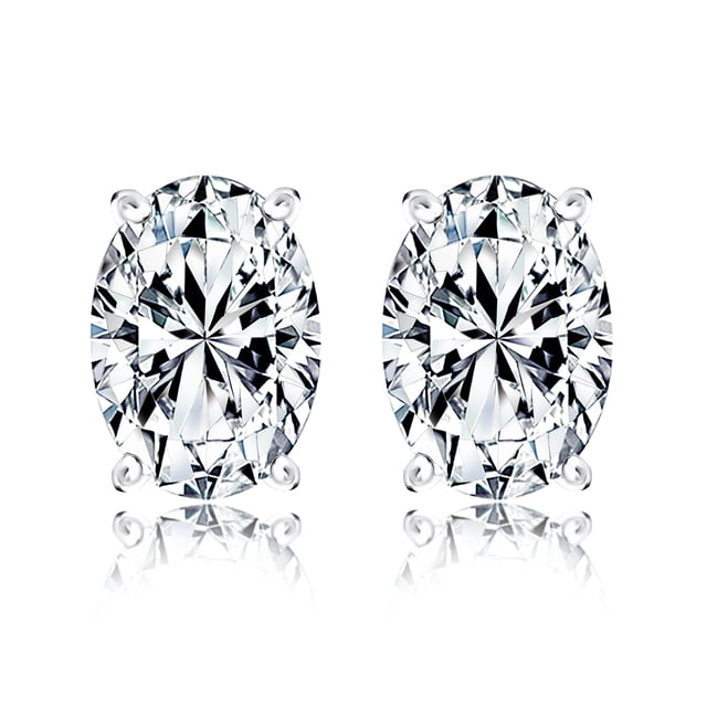JeenMata Aros Solitarios de Moissanita de Corte Ovalado de 2 Quilates (4 Puntas) en Baño de Oro Blanco de 18 K sobre Plata